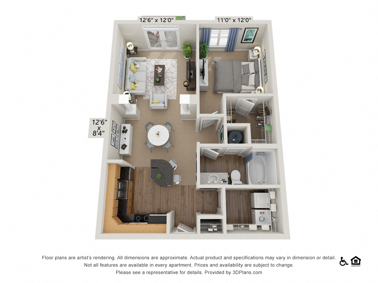 Floor plan for 1 bed, 1 bath, 830 sqft
